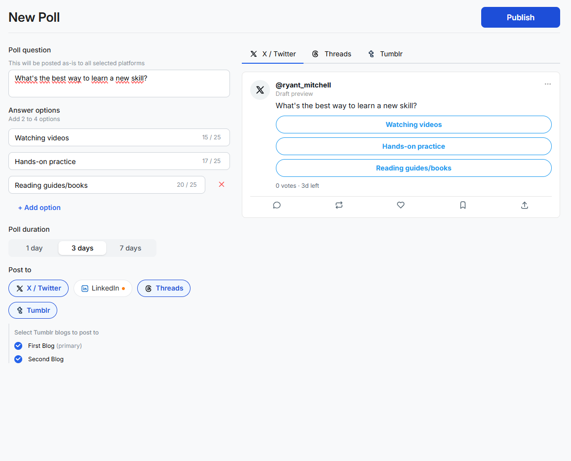 Pollarise poll creation form with X, Threads, and Tumblr selected